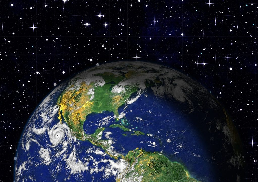 Bank climate risks: earth with tornado as illustration